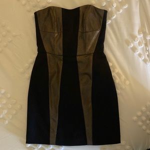French Connection gold and black strapless fitted dress